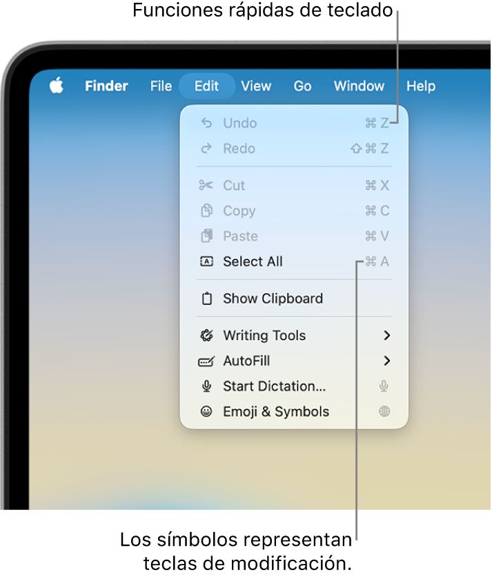 El menú Edición está abierto en el Finder; al lado de los ítems del menú se muestran atajos de teclado.
