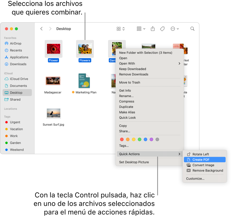 Una ventana del Finder que contiene archivos y carpetas, en la que hay seleccionados tres archivos, y está seleccionado el comando “Crear PDF” en el menú de acciones rápidas.