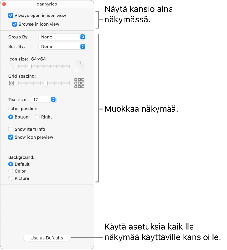 Kansion kuvakenäkymän asetukset.