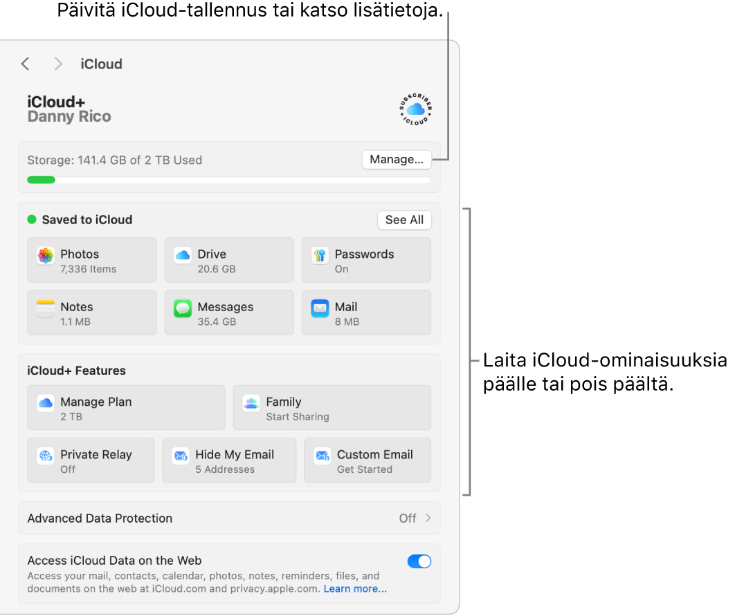iCloud-asetukset, joissa kaikki ominaisuudet ovat päällä.