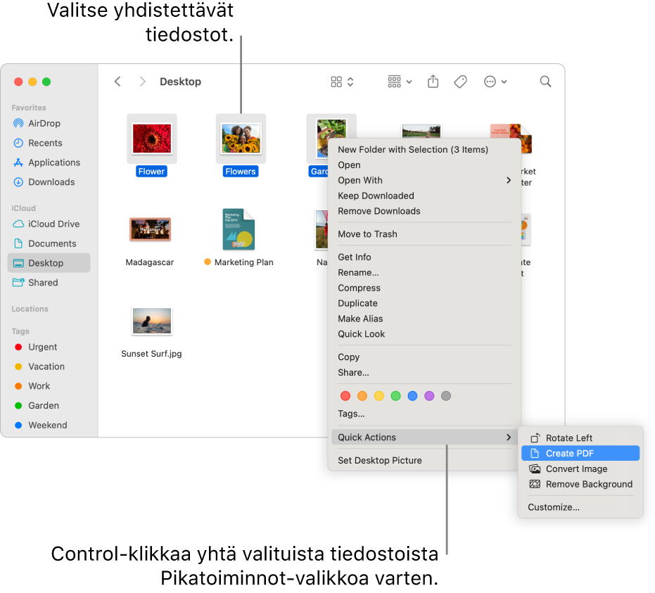 Finder-ikkuna, jossa on tiedostoja ja kansioita. Ikkunassa on valittuna kolme tiedostoa, ja Luo PDF on korostettuna Pikatoiminnot-valikossa.
