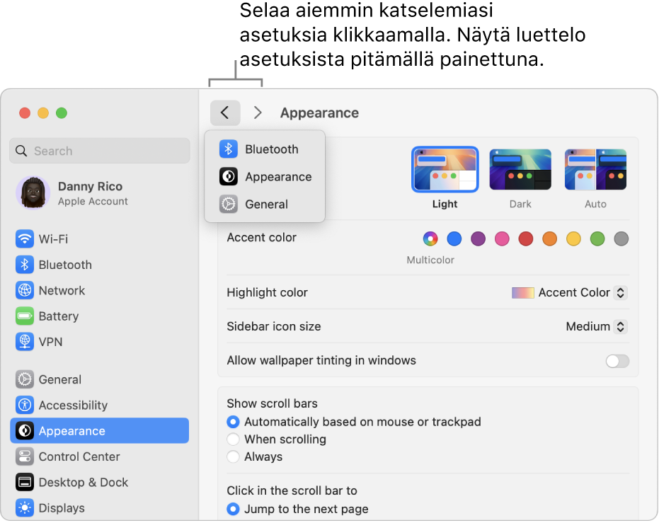 Järjestelmäasetukset-ikkunassa näkyy äskettäin katsottuja asetuksia Takaisin-painikkeen alla.