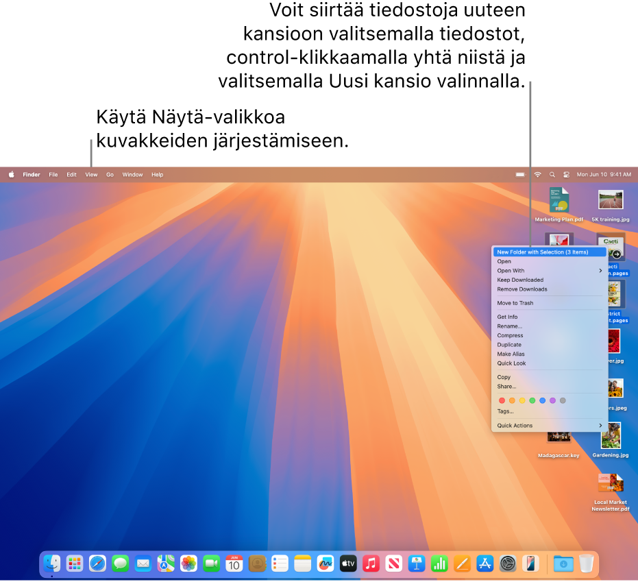 Työpöytä, jossa näkyy tiedostoja ja kansioita. Useita tiedostoja valitaan asetettaviksi uuteen kansioon. Kun valittua tiedostoa ctrl-klikataan, näkyviin tulee ponnahdusvalikko, ja ”Uusi kansio valinnalla” valitaan.