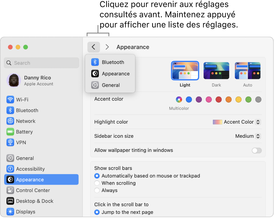 La fenêtre Réglages système montrant les réglages récemment consultés en dessous du bouton Retour.