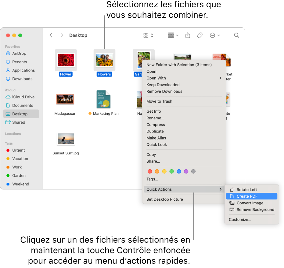 Une fenêtre du Finder contenant des fichiers et des dossiers, où trois fichiers sont sélectionnés, et Créer un PDF est surligné dans le menu Actions rapides.