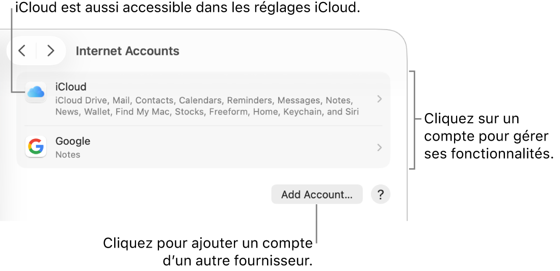 Réglages Comptes Internet affichant les comptes configurés sur le Mac.