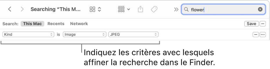 Une fenêtre du Finder avec des champs pour indiquer des critères de recherche.
