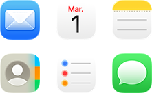 Icônes de Mail, Calendrier, Notes, Contacts, Rappels et Messages.
