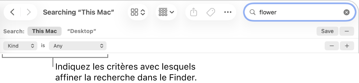 Une fenêtre du Finder avec des champs pour indiquer des critères de recherche.