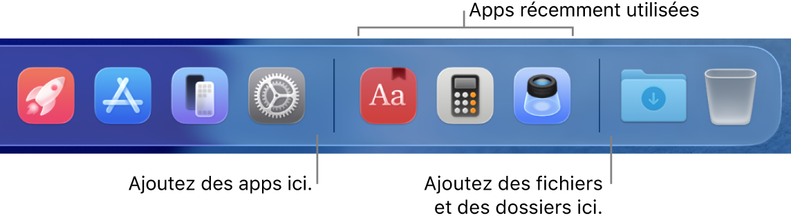 L’extrémité droite du Dock affichant les lignes de séparation avant et après la section des apps récemment utilisées.