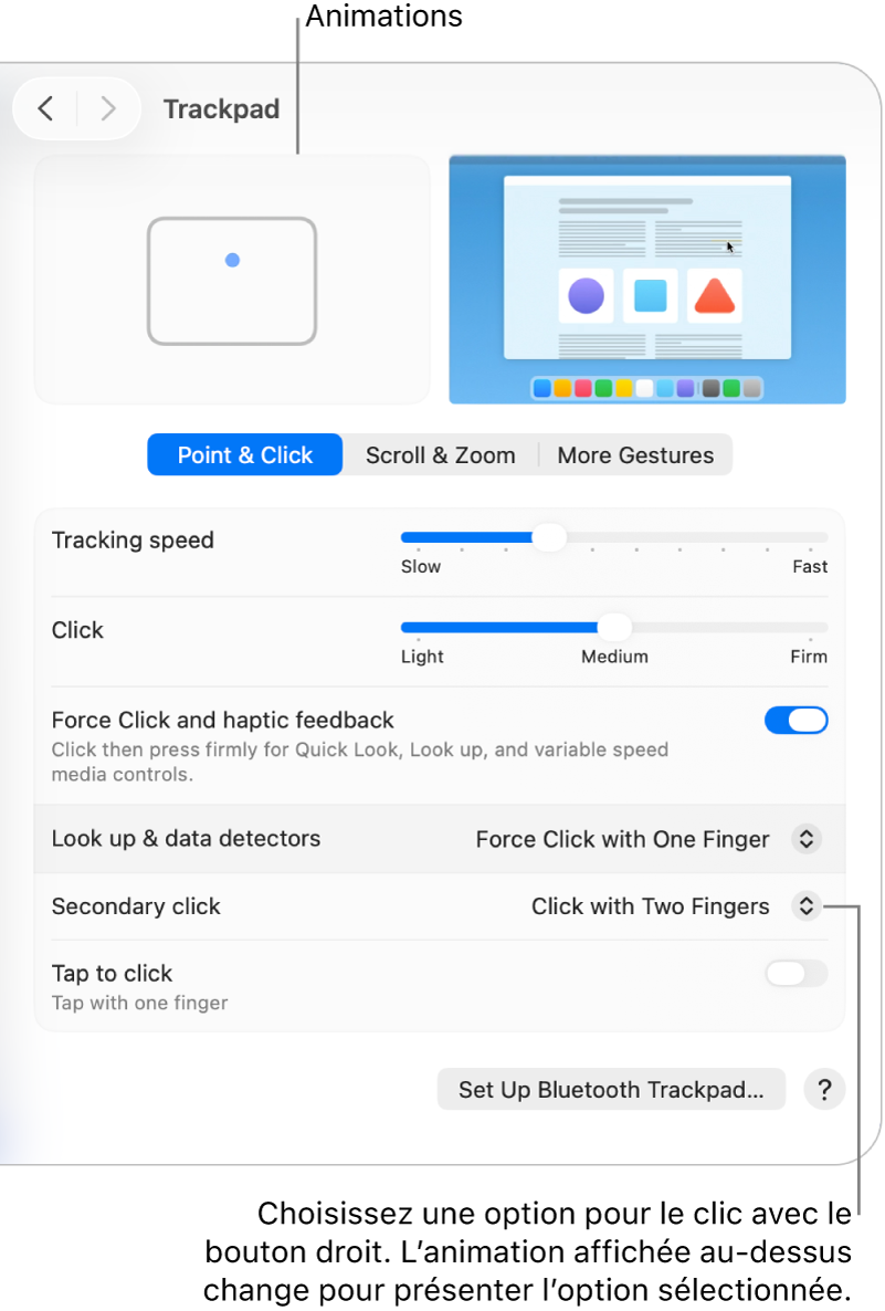 Les options relatives au trackpad dans Réglages Système affichant l’option du clic secondaire définie sur « Cliquer avec 2 doigts » et l’animation correspondante.