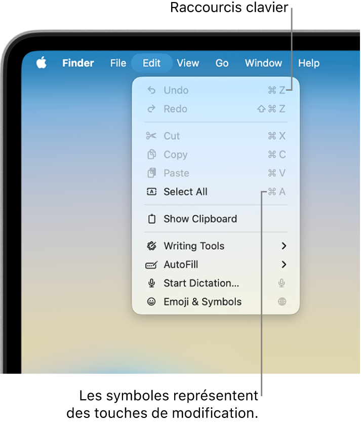 Le menu Édition est ouvert dans le Finder ; les raccourcis clavier apparaissent en regard des éléments de menu.