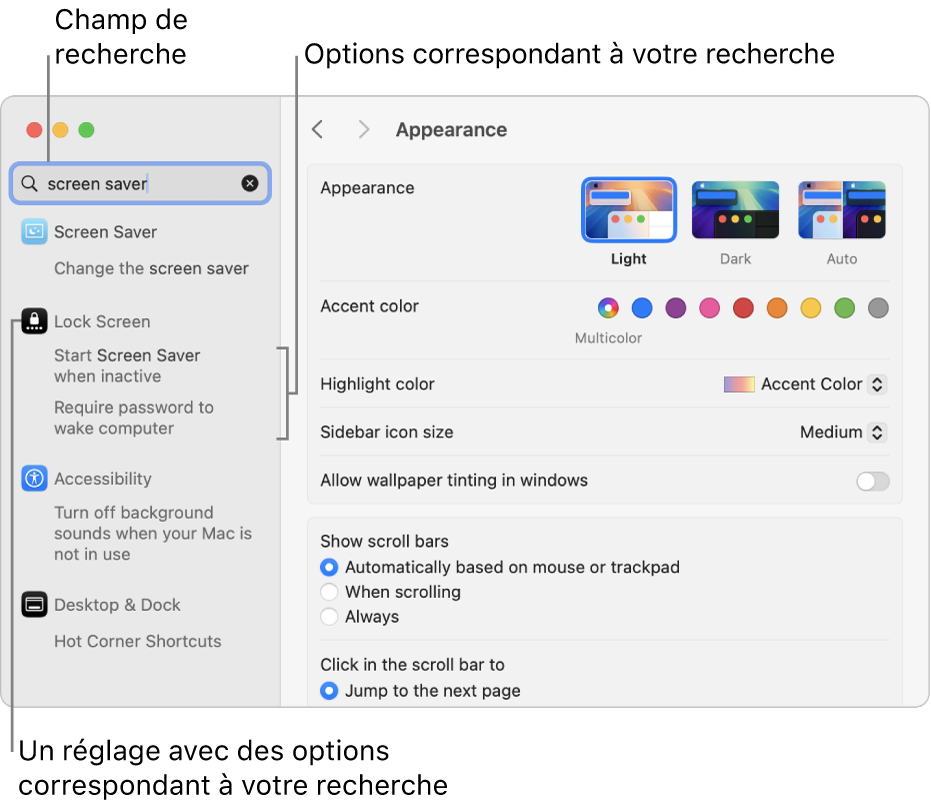 La fenêtre « Réglages Système » affichant « économiseur d’écran » dans le champ de recherche et une liste de résultats de recherche correspondants sous le champ de recherche.
