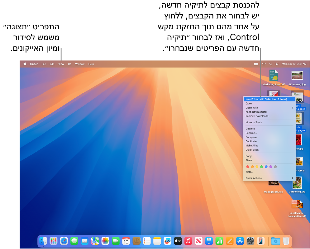 מכתבה עם קבצים ותיקיות. מספר קבצים נבחרים והם יועברו לתיקיה חדשה. לחיצה על אחד מהקבצים הנבחרים תוך הקשה על Control גורמת להופעת תפריט קופצני והאפשרות ״תיקיה חדשה עם הפריטים שנבחרו״ מסומנת.