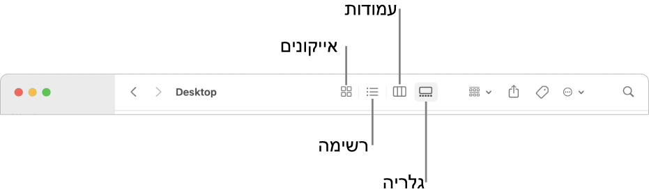 חלקו העליון של חלון של ה‑Finder עם כפתורי אפשרויות ״תצוגה״ עבור תיקיה.