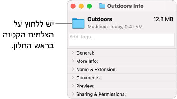 החלון ״פרטים״ של תיקיה עם הצלמית הגנרית של התיקיה הנבחרת.