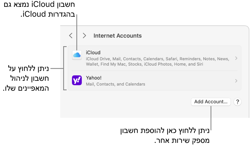 הגדרות ״חשבונות אינטרנט״ שבה רשימה שמציגה את החשבונות שמוגדרים ב‑Mac.
