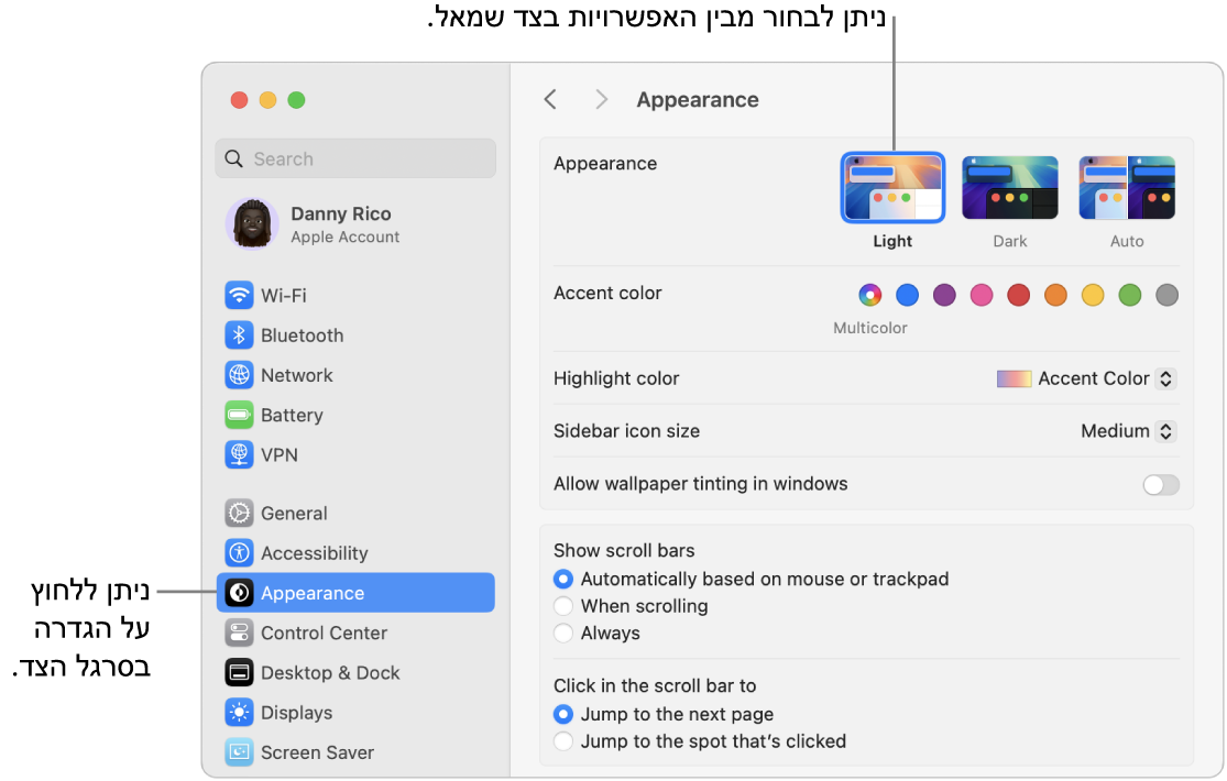 חלון ״הגדרות המערכת״, עם הגדרות ״מראֶה״ נבחרות בסרגל הצד והאפשרויות עבור ״מראֶה״ מוצגות משמאל.