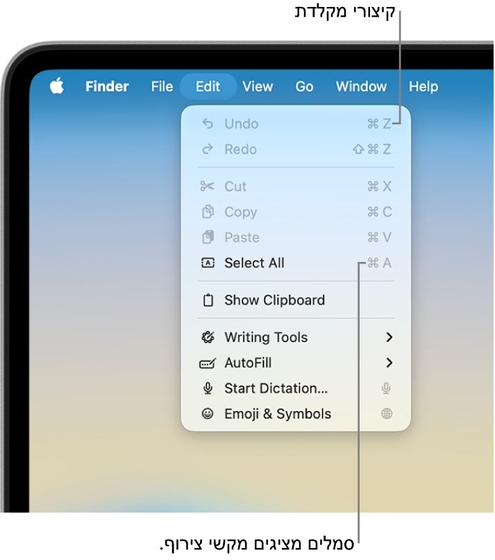 תפריט ״עריכה״ פתוח ב‑Finder; קיצורי מקלדת מוצגים לצד פריטי תפריט.