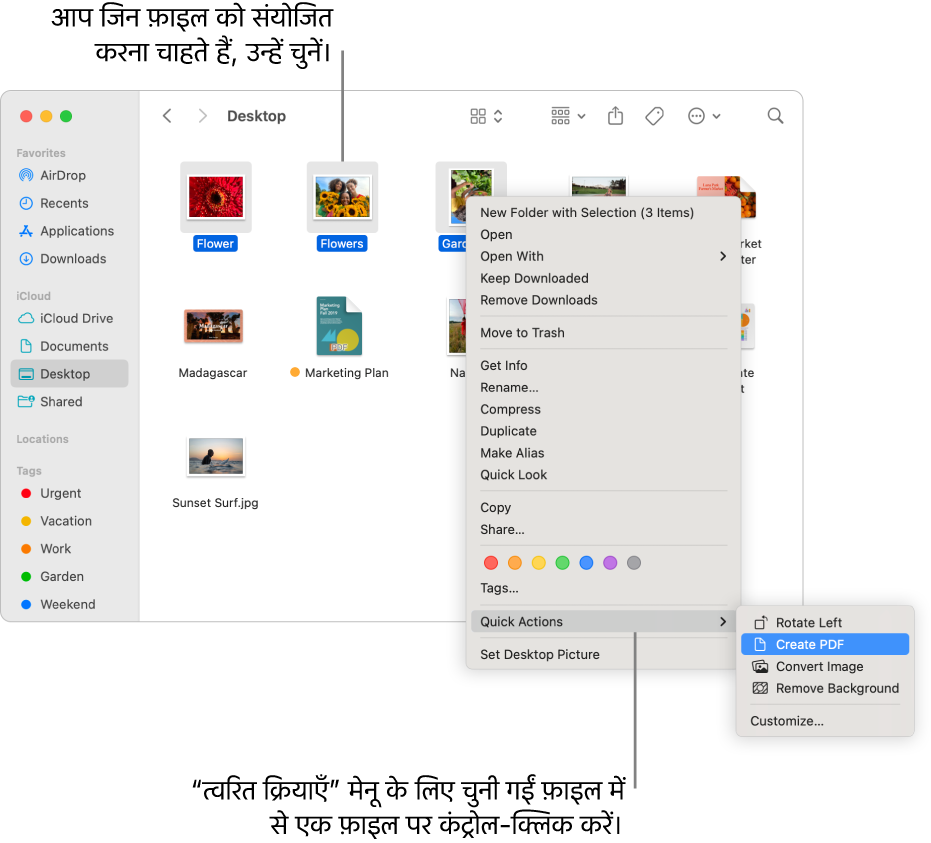 फ़ाइल और फ़ोल्डर वाली Finder विंडो जहाँ तीन फ़ाइलें चुनी गई हैं और क्विक ऐक्शन मेनू में PDF बनाएँ को चिह्नांकित किया गया है।