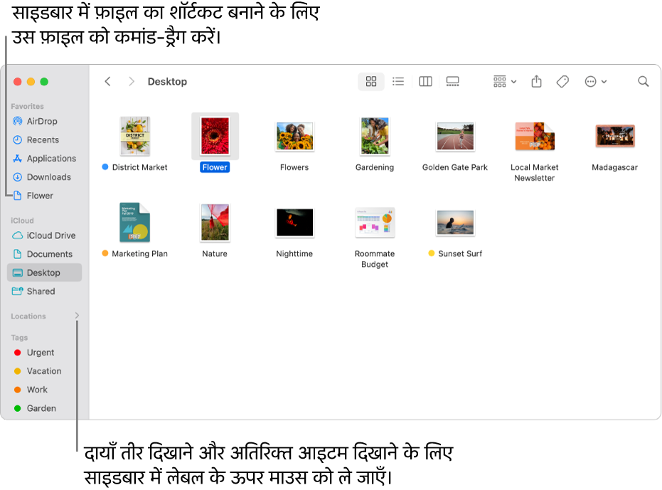 Finder साइडबार में स्थानों की दाईं ओर क्लिक करने के लिए एक तीर होता है जो अतिरिक्त आइटम दिखाता है। दाईं ओर Finder विंडो में, एक फ़ाइल चुनी गई है और उस फ़ाइल का शॉर्टकट पसंदीदा के नीचे साइडबार में है।