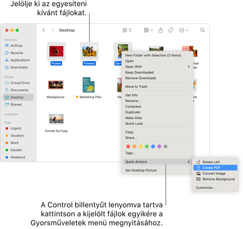 Egy fájlokat és mappákat tartalmazó Finder-ablak, amelyben három fájl van kiválasztva, és a PDF létrehozása van kijelölve a Gyorsműveletek menüben.