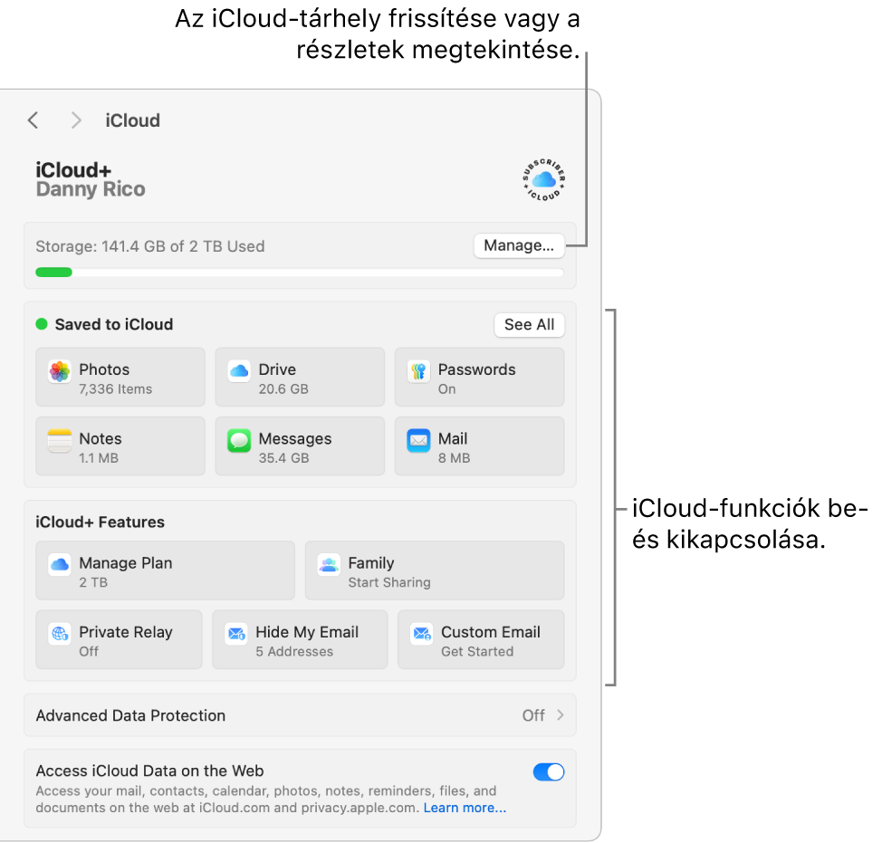 Az iCloud-beállítások; az összes funkció be van kapcsolva.