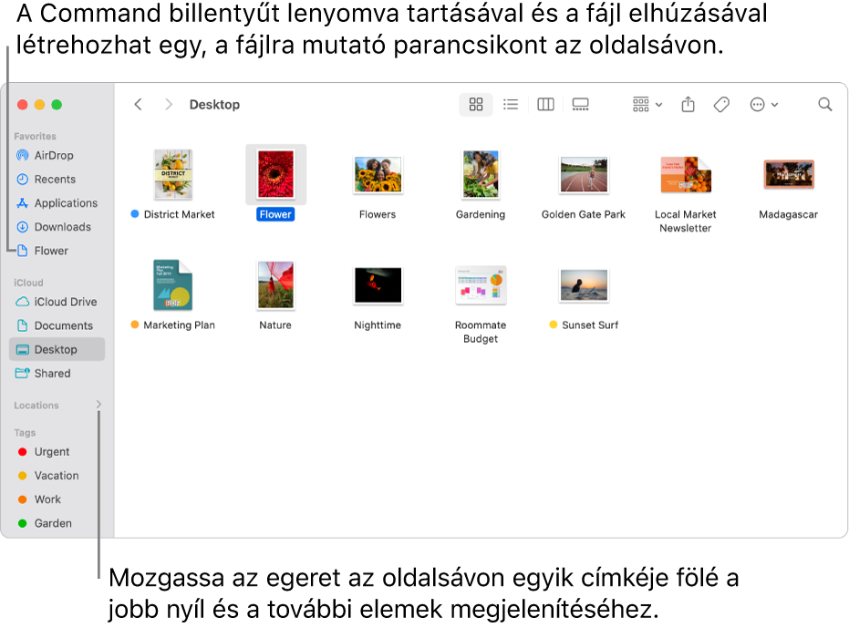 A Finder oldalsáv Helyek lehetőségétől jobbra található egy nyíl, amelyre kattintva további elemek jelennek meg. A jobb oldali Finder ablakban egy fájl van kiválasztva, és a fájl parancsa látható az oldalsávon, a Kedvencek alatt.