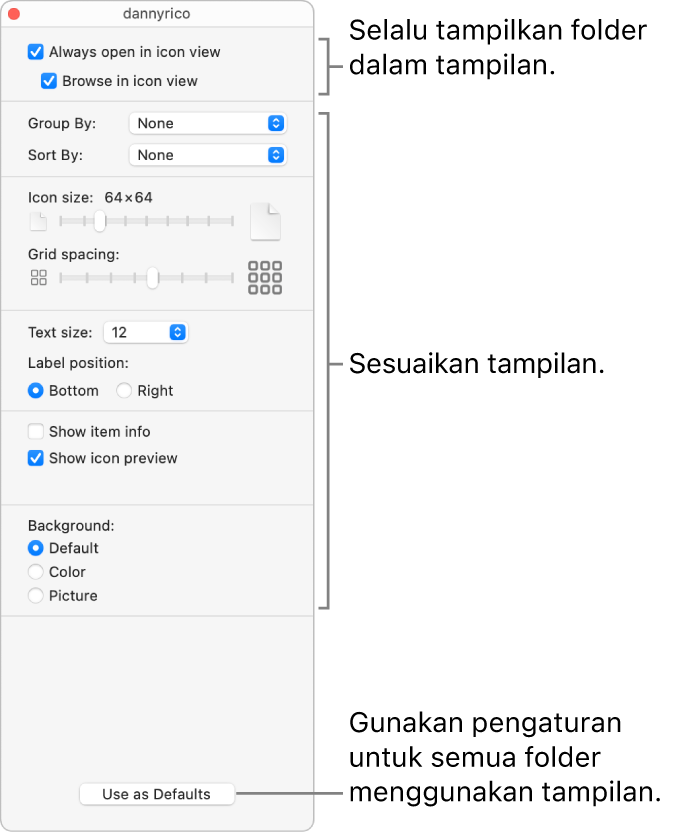 Pilihan tampilan ikon untuk folder.