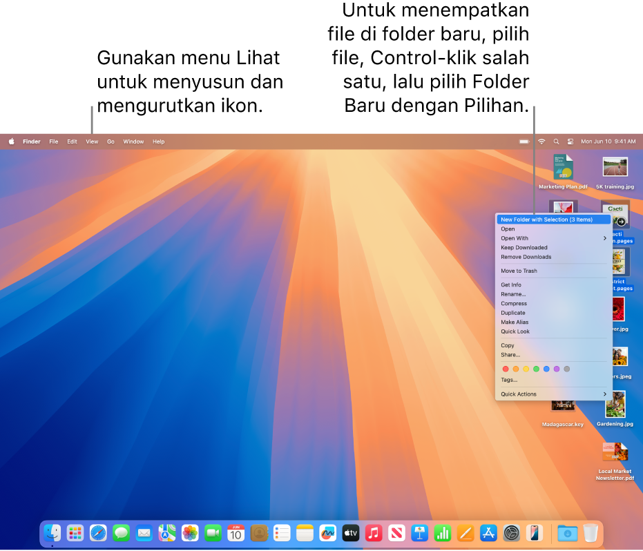 Desktop menampilkan file dan folder. Beberapa file dipilih untuk diletakkan di folder baru. Control-klik dari file yang dipilih menampilkan menu pop-up, dan Folder Baru dengan Pilihan dipilih.
