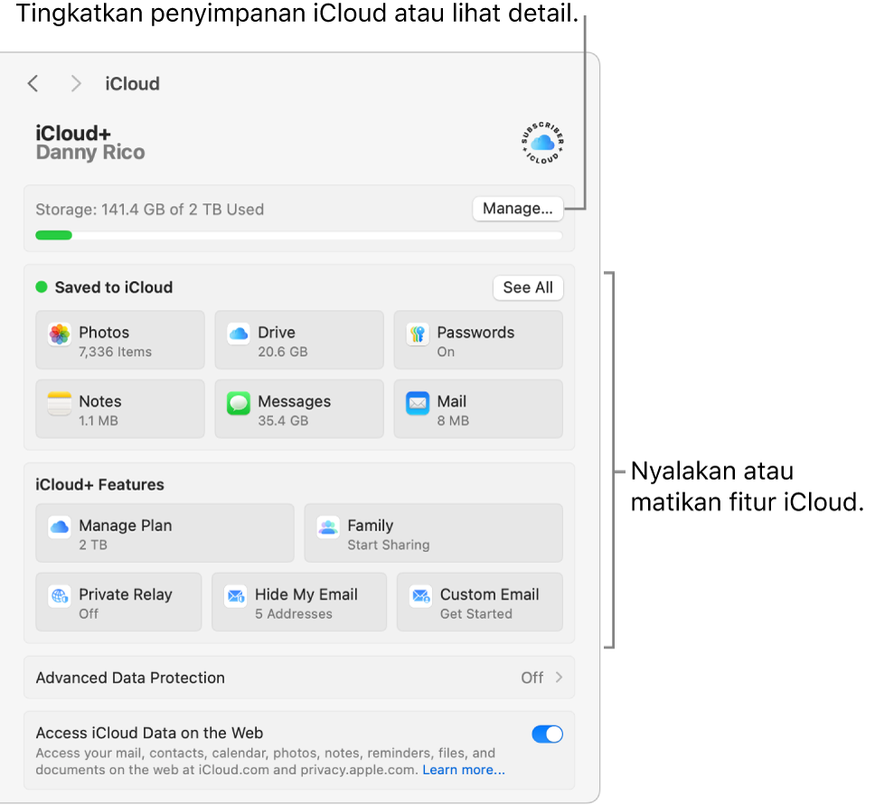 Pengaturan iCloud dengan semua fitur yang dinyalakan.