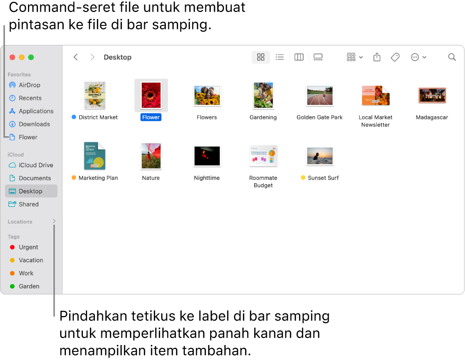 Di sebelah kanan Lokasi di bar samping Finder terdapat panah untuk diklik untuk menampilkan item tambahan. Di jendela Finder di sebelah kanan, file dipilih, dan pintasan ke file berada di bar samping, di bawah Favorit.