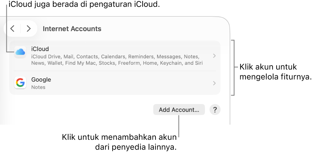 Pengaturan Akun Internet dengan akun yang diatur di Mac tercantum.