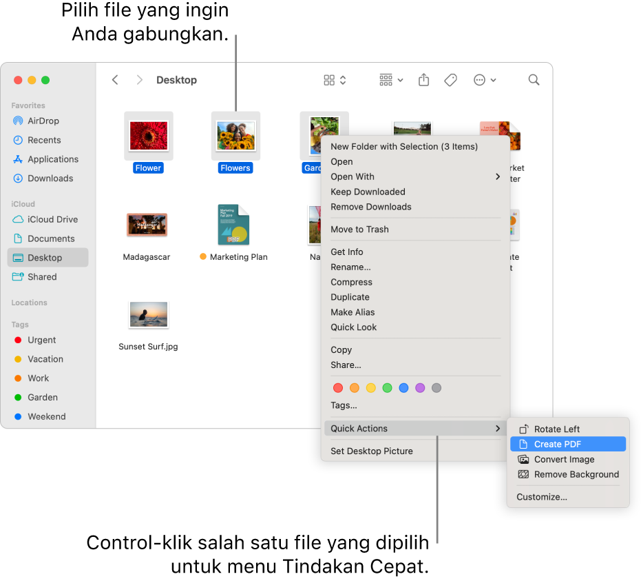 Jendela Finder berisi file dan folder, tempat tiga file dipilih, dan Buat PDF disorot di menu Tindakan Cepat.