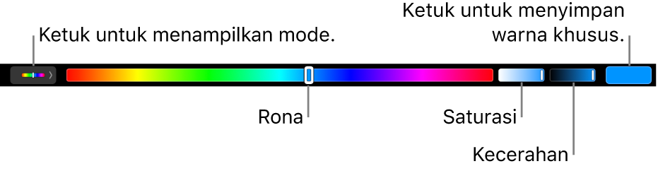 Touch Bar menampilkan penggeser rona, saturasi, dan kecerahan untuk mode HSB. Terdapat tombol untuk menampilkan semua mode di ujung kiri; tombol untuk menyimpan warna khusus di kanan.