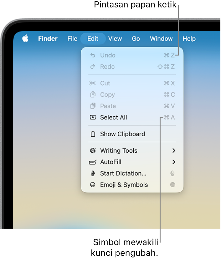 Menu Edit dibuka di Finder; pintasan papan ketik muncul di samping item menu.