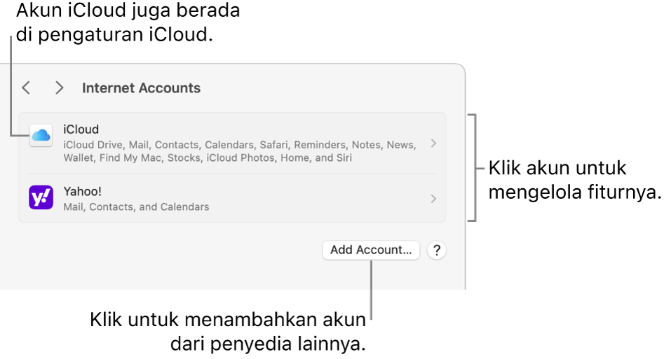 Pengaturan Akun Internet dengan akun yang diatur di Mac tercantum.