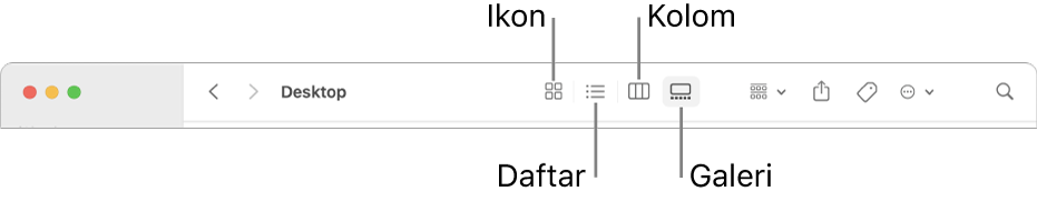 Bagian atas jendela Finder menampilkan tombol pilihan Lihat untuk folder.