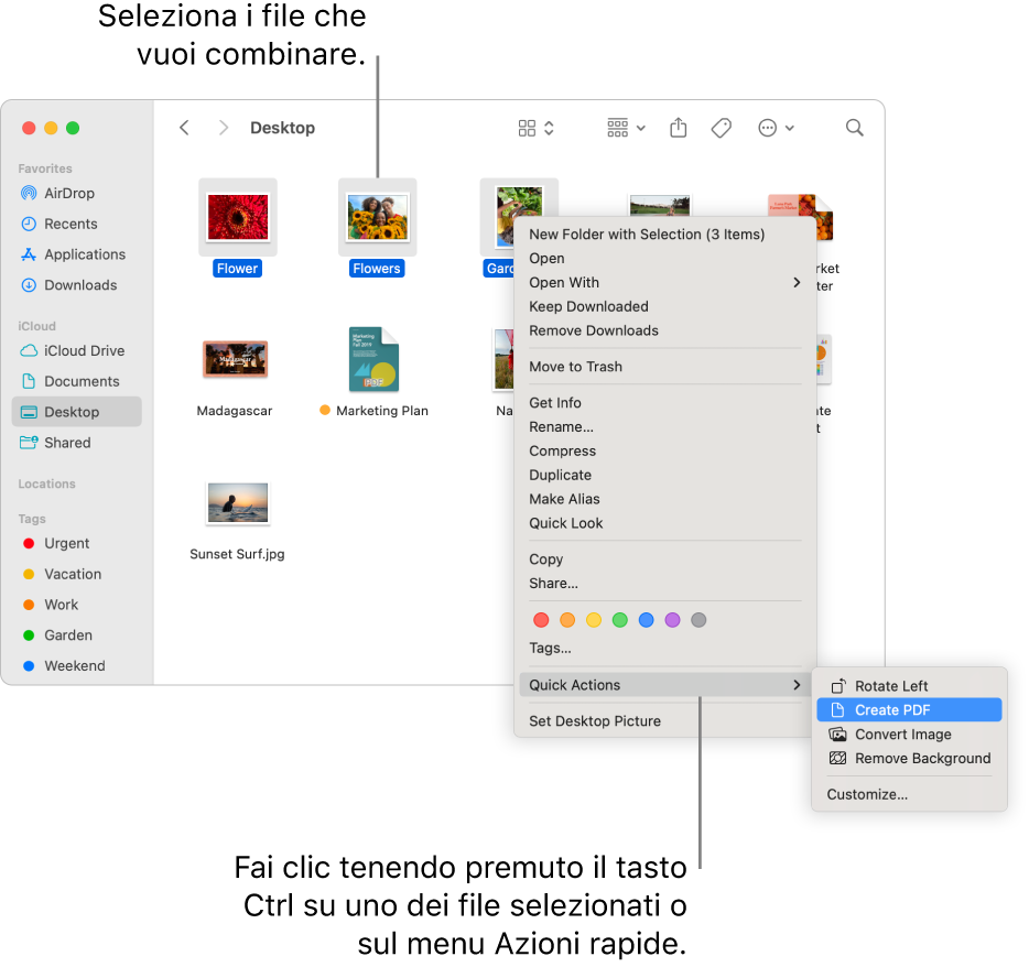 Una finestra del Finder con file e cartelle in cui sono selezionati tre file e “Crea PDF” evidenziato nel menu delle azioni rapide.
