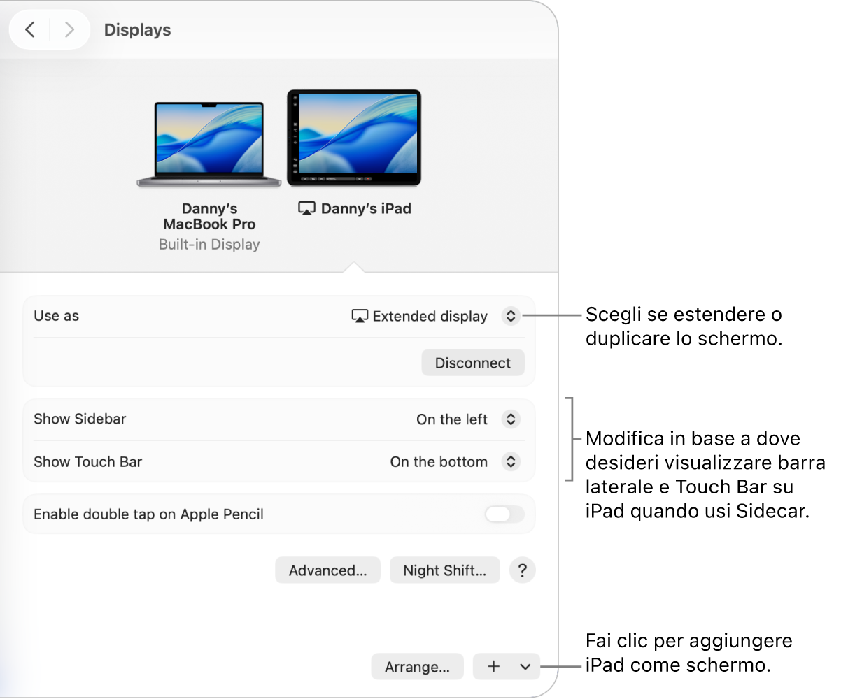 Il pannello delle impostazioni Schermi sul Mac che mostra le opzioni per configurare Sidecar.