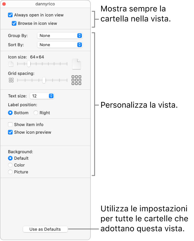 Opzioni per la vista icone di una cartella.