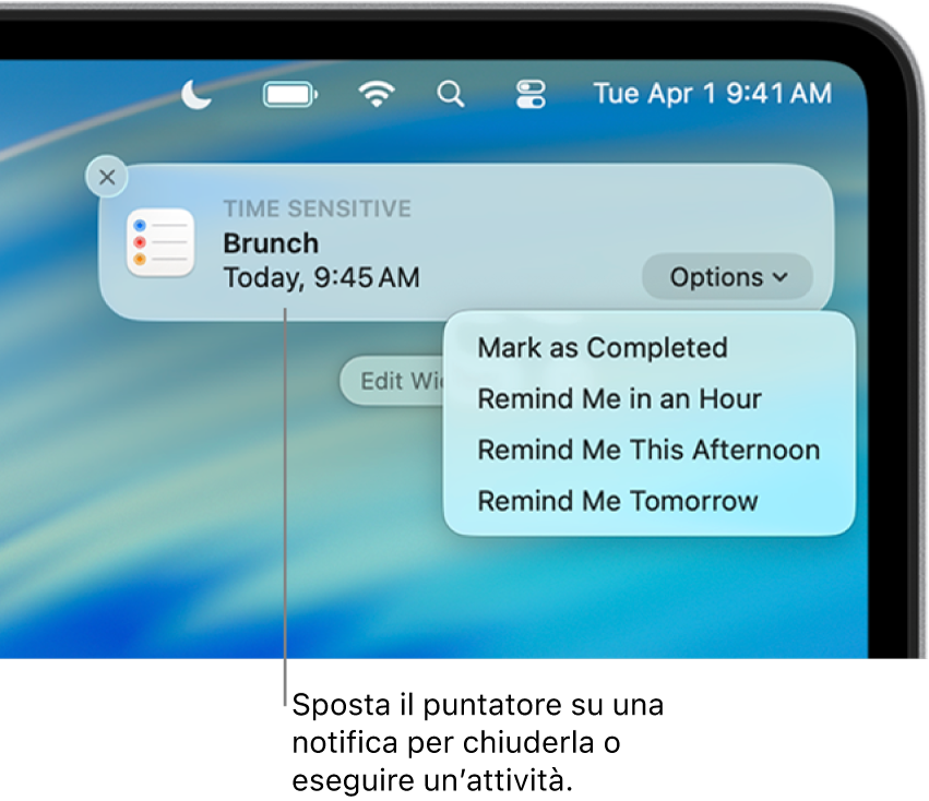 Notifica dell’app per un promemoria nell’angolo superiore destro dello schermo, con le opzioni “Segna come completato” e “Ricordamelo tra un’ora”.