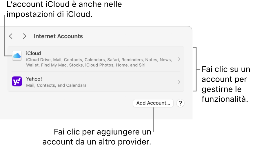 Impostazioni di Account Internet con l’elenco degli account che sono configurati sul Mac.