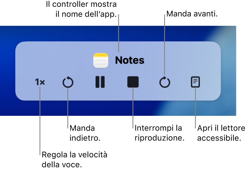 Il controller sullo schermo che può essere mostrato quando il Mac legge ad alta voce il testo selezionato. Il controller include sei pulsanti che ti consentono, da sinistra a destra, di regolare la velocità di lettura, andare indietro, riprodurre o mettere in pausa il parlato, interrompere il parlato, andare avanti e aprire il lettore accessibile. Il nome dell’app viene mostrato in alto sul controller.