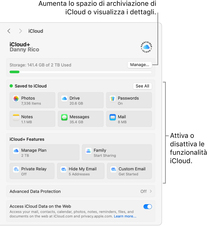 Le impostazioni di iCloud con tutte le funzionalità attive.