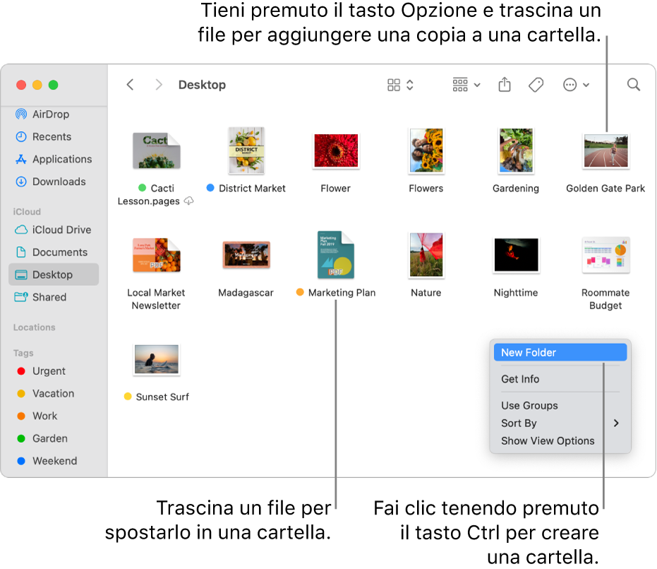 Una finestra del Finder con file e cartelle. Nel menu delle abbreviazioni è evidenziata la dicitura “Nuova cartella”.
