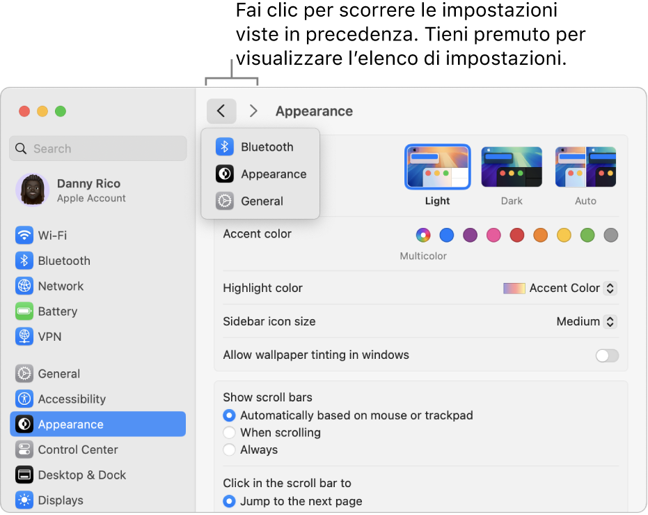 La finestra Impostazioni di Sistema che mostra le impostazioni visualizzate di recente sotto il pulsante Indietro.