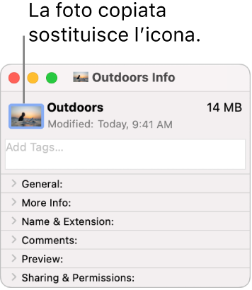 Finestra Informazioni per una cartella, che mostra l’icona generica sostituita da un’immagine.