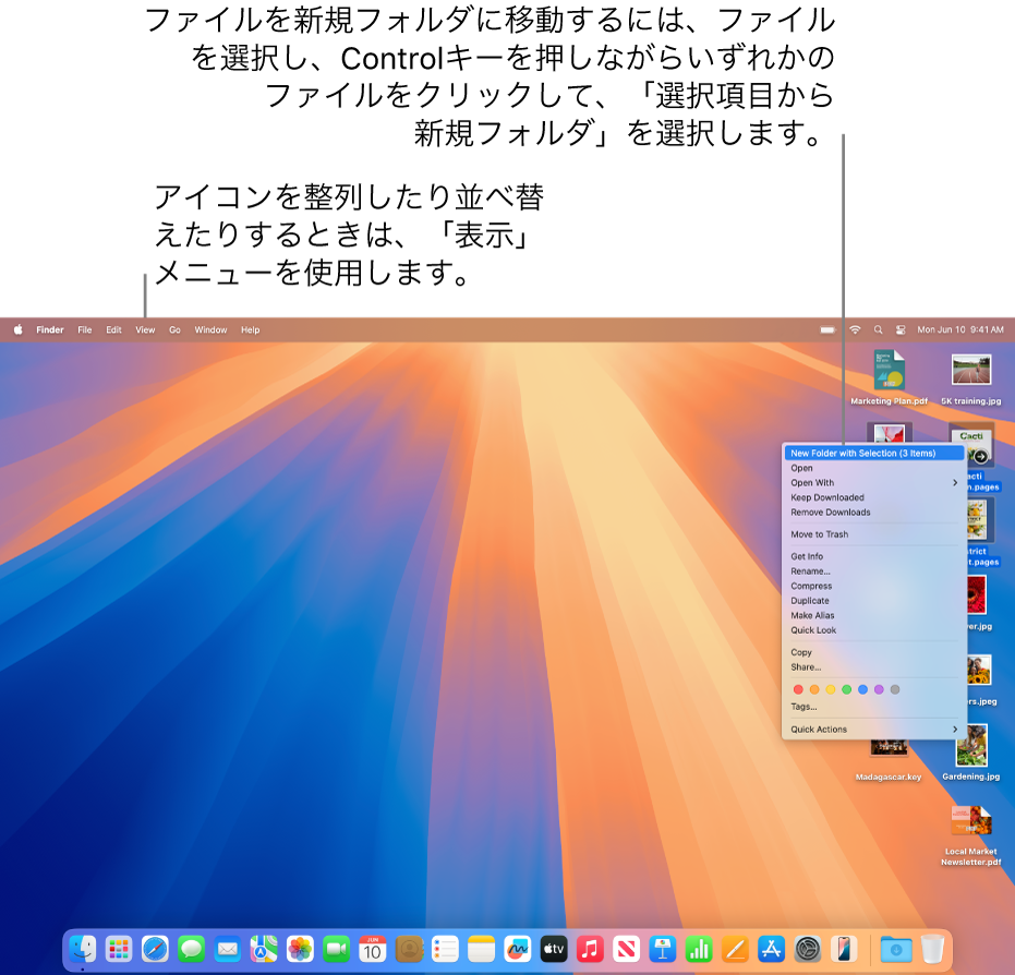 デスクトップ。ファイルとフォルダが表示されています。新しいフォルダ内に配置するいくつかのファイルが選択されています。Controlキーを押しながら選択したファイルをクリックすることでポップアップメニューが表示され、「選択項目から新規フォルダ」が選択されています。