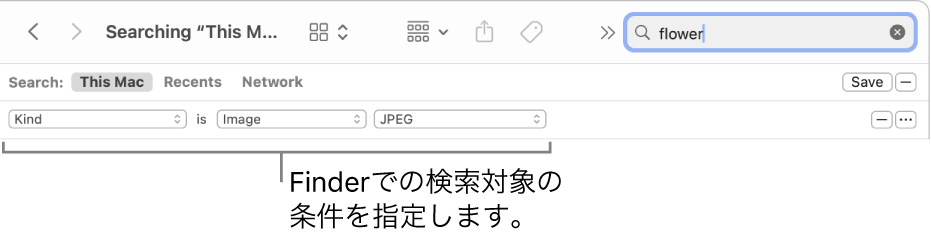 検索条件を指定するためのフィールドが表示されているFinderウインドウ。